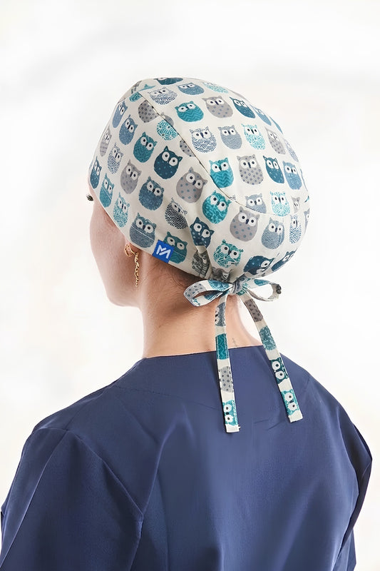Calot médical Bleu à motifs Hiboux - Cheveux longs