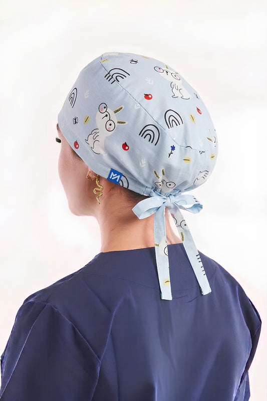 Calot médical Bleu à motifs - Cheveux longs