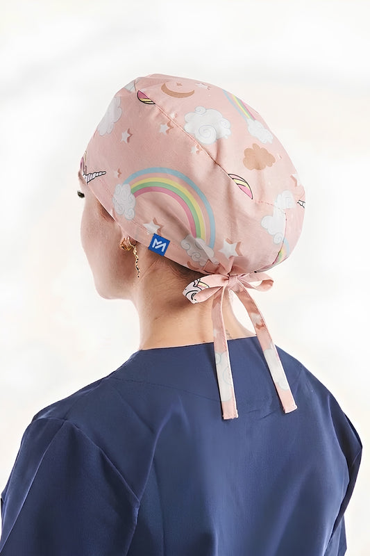 Calot médical Rose à motifs Unicorn - Cheveux longs
