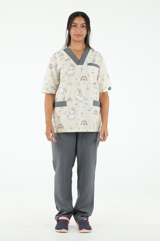 Ensemble médical imprimé Unicorn - Gris - Collection Maia
