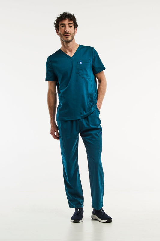 Scrub suit teal LUCA avec tunique col et pantalon classique pour ensemble médical homme