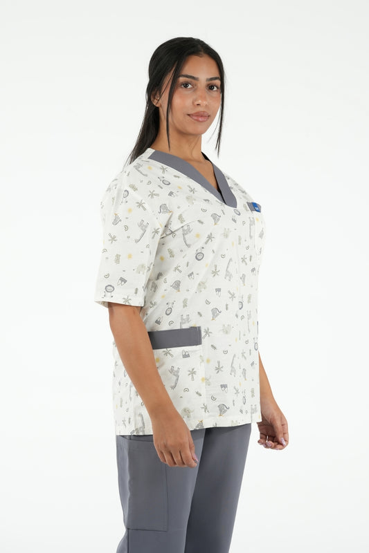 Ensemble médical imprimé Animaux - Gris - Collection Maia
