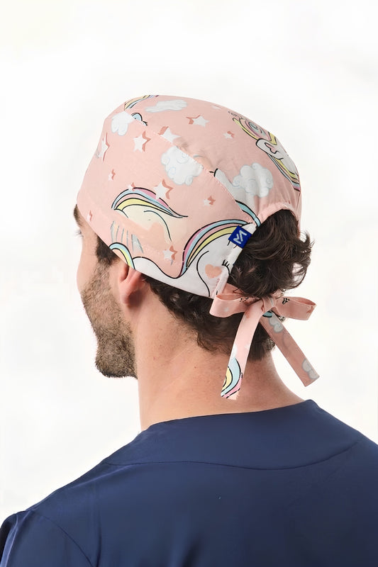 Calot médical – Corail avec motifs Unicorn - Cheveux courts