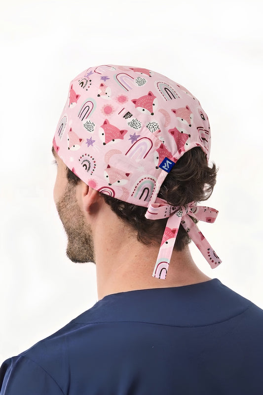 Calot médical rose à motifs Renard - Cheveux courts