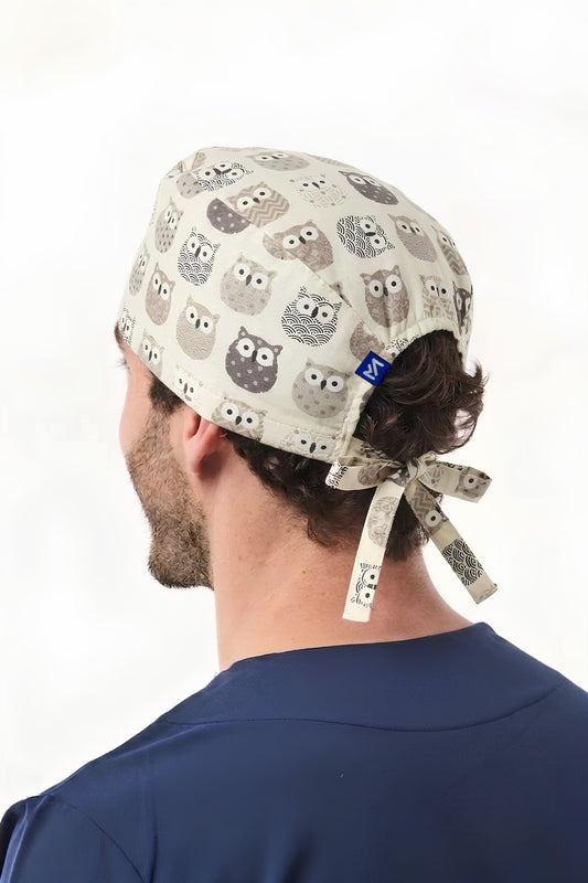 Calot médical à motifs Hiboux- Cheveux courts