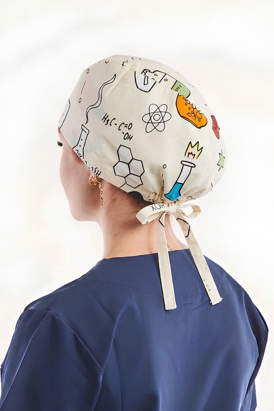 Calot médical Beige à motifs chimie - Cheveux longs