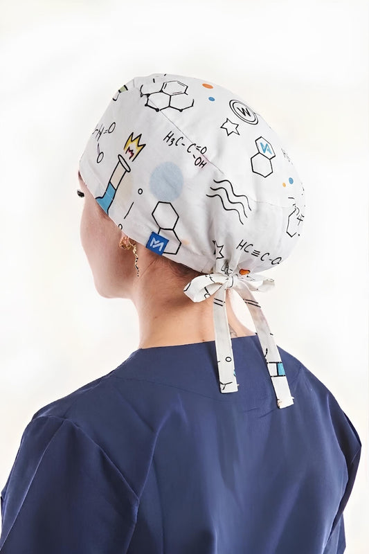 Calot médical Blanc à motifs chimie - Cheveux longs