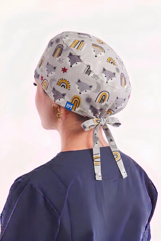 Calot médical Gris à motifs Renard - Cheveux longs