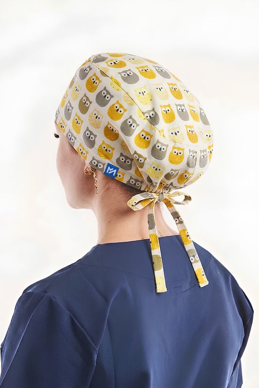Calot médical jaune à motifs Hiboux - Cheveux longs