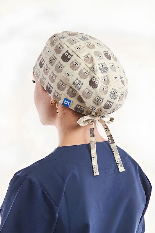 Calot médical Beige à motifs Hiboux - Cheveux longs